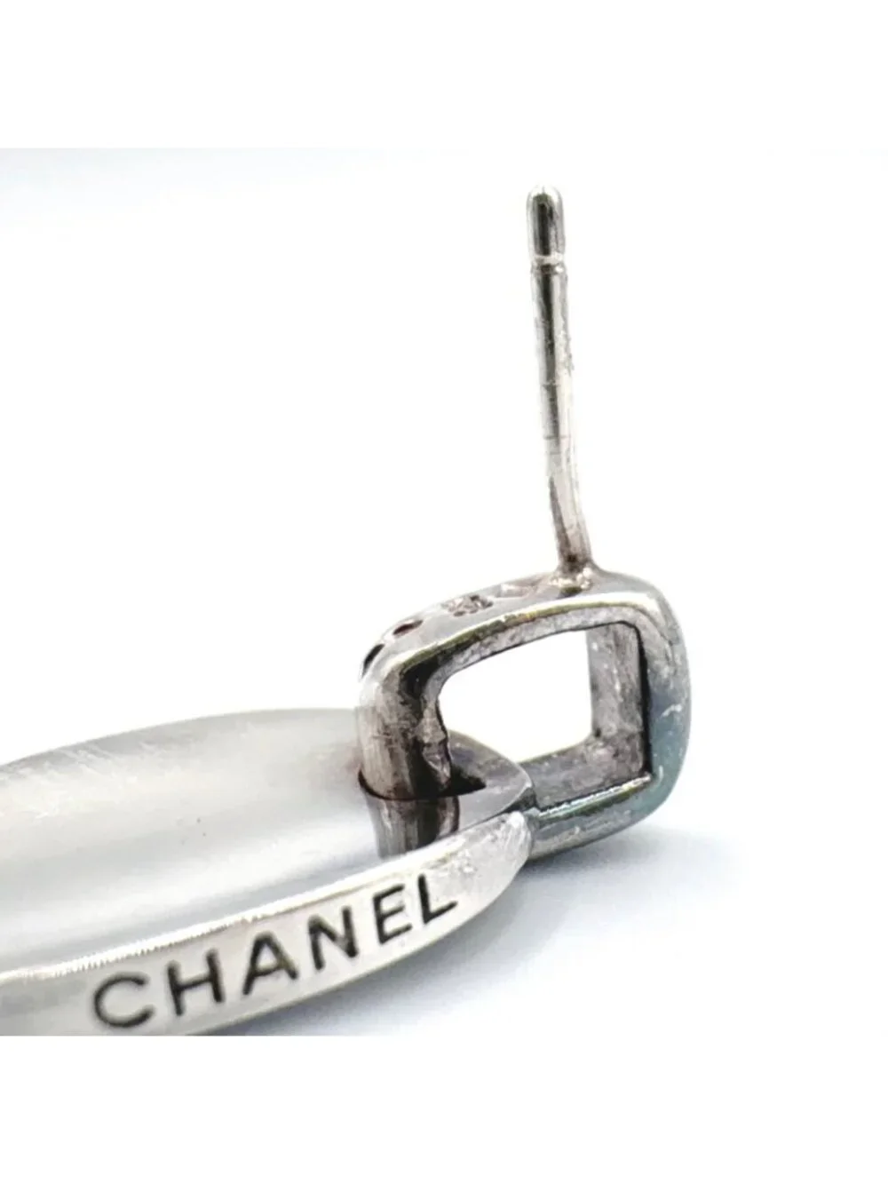 Chanel Oval Plate Log Drop Silver Earrings